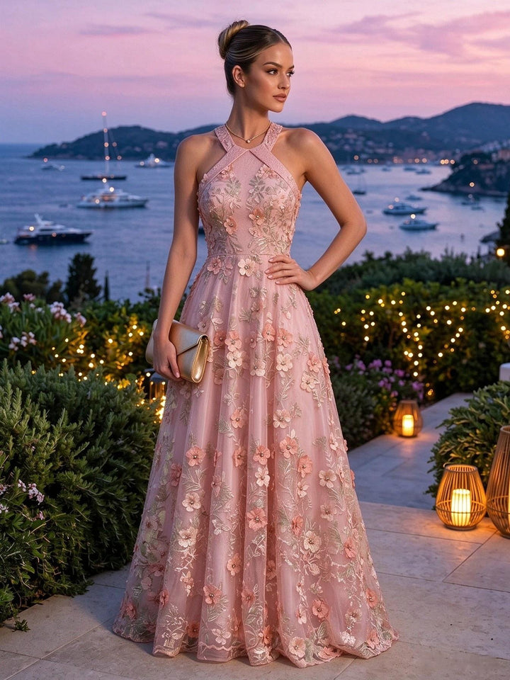 Tulle A Line Halter Floor Length Floral Embroidery Evening Dresses
