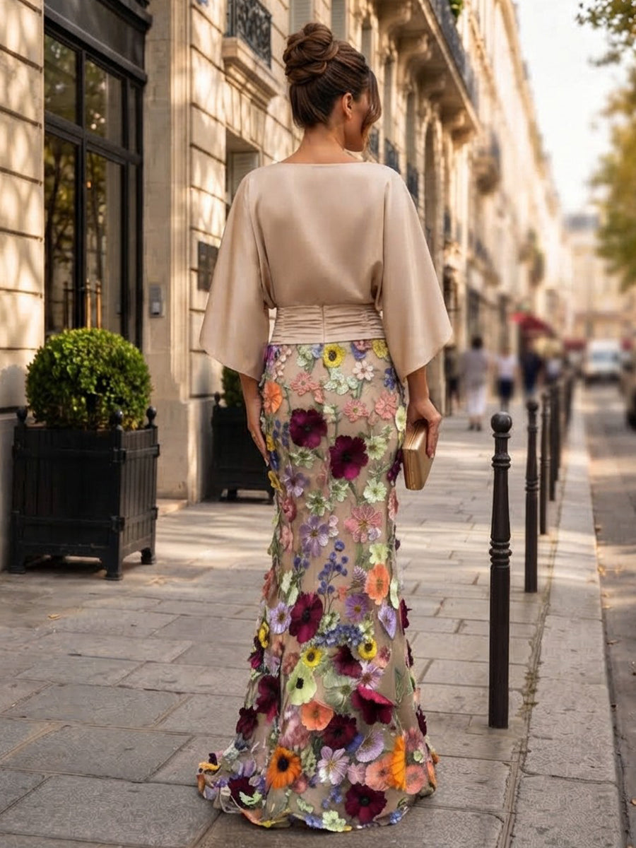 Tulle Sheath Jewel Neck Floor Length Floral Embroidery Formal Dresses