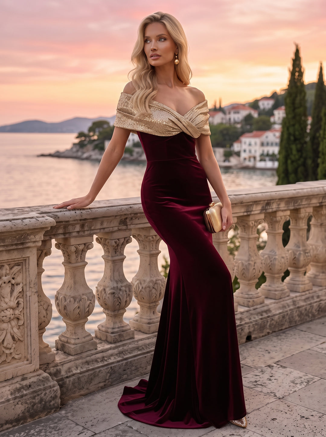Velvet Mermaid Off the Shoulder Floor Length Twist Knot Evening Dresses Maxi Formal Dresses