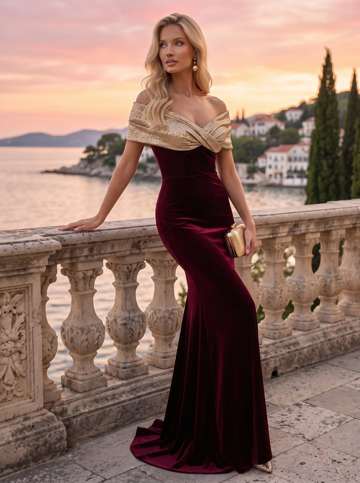 Velvet Mermaid Off the Shoulder Floor Length Twist Knot Evening Dresses Maxi Formal Dresses