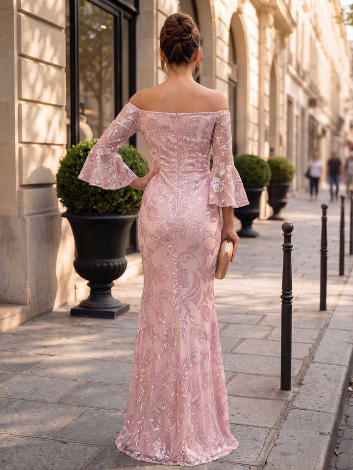 Tulle Sheath Off the Shoulder Floor Length Sequin Embroidery Formal Dresses