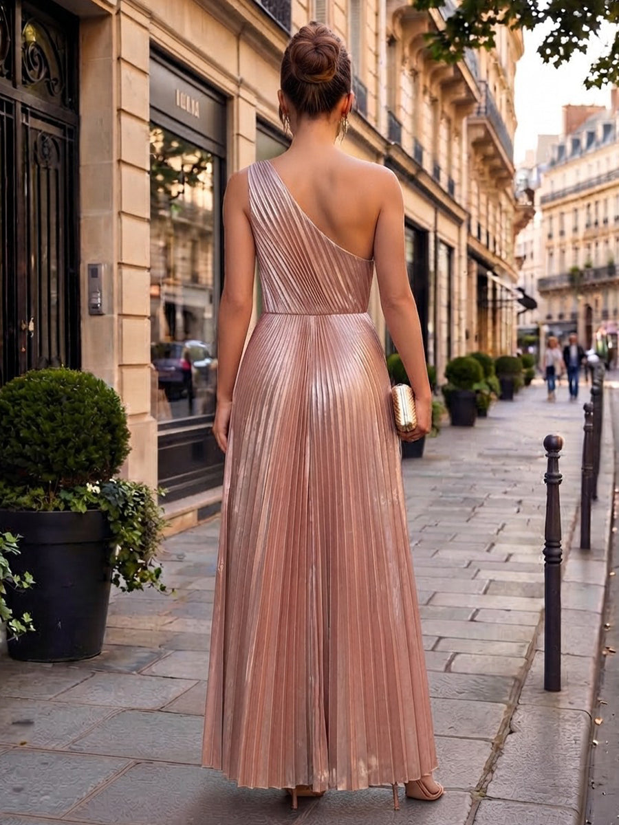 Metallic Satin A Line One Shoulder Floor Length Pleats Formal Dresses