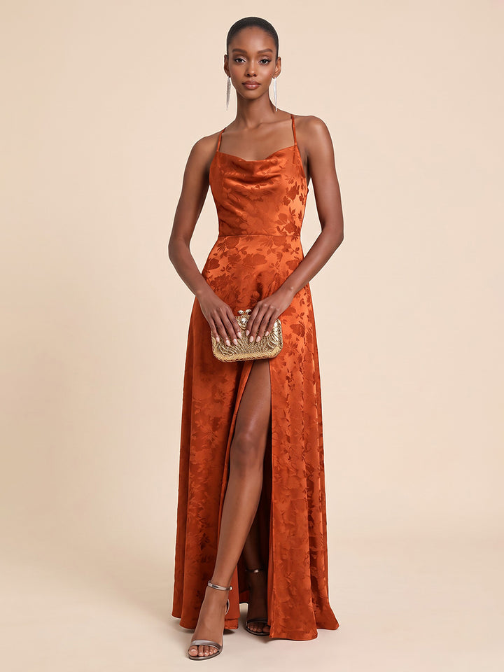 Satin Jacquard A Line Spaghetti Straps Floor Length Cowl Neck Formal Dresses