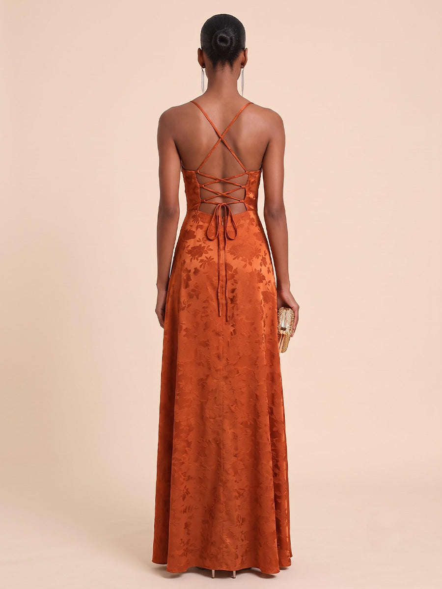Satin Jacquard A Line Spaghetti Straps Floor Length Cowl Neck Formal Dresses