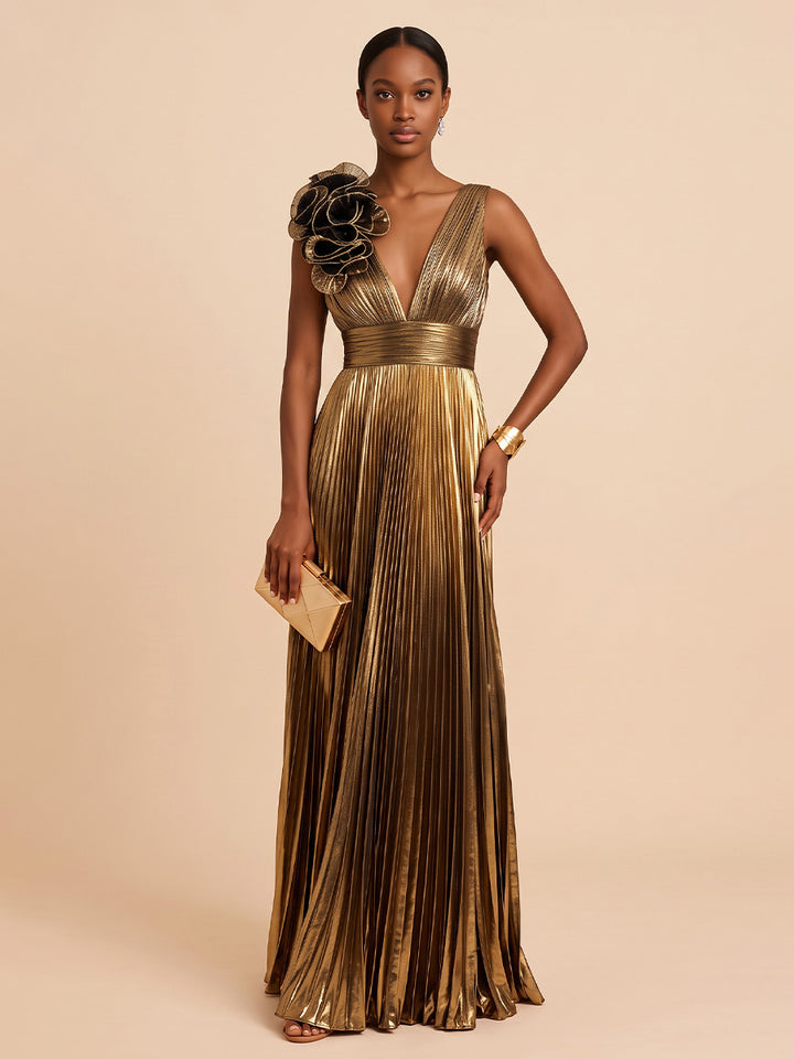 Metallic Satin A Line V Neck Floor Length Pleats Formal Dresses with 3D Floral Applique