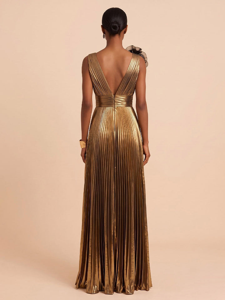 Metallic Satin A Line V Neck Floor Length Pleats Formal Dresses with 3D Floral Applique