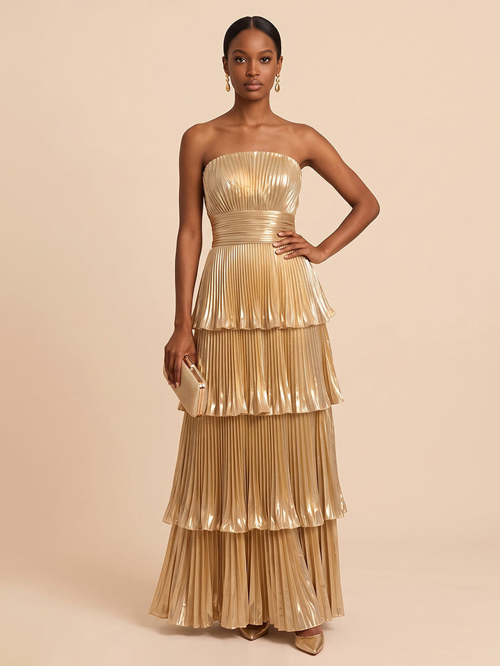 Metallic Satin A Line Strapless Floor Length Pleats Formal Dresses