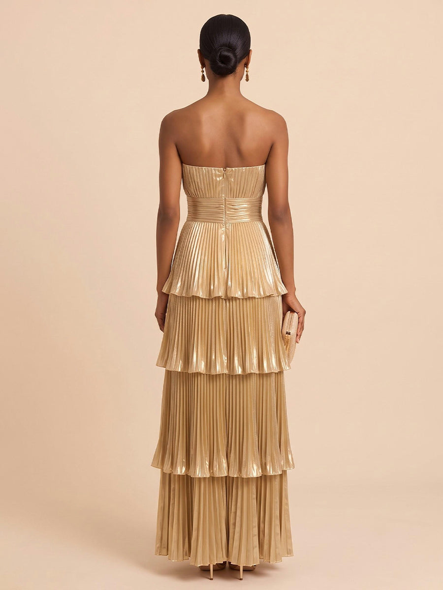 Metallic Satin A Line Strapless Floor Length Pleats Formal Dresses