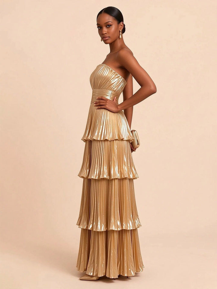 Metallic Satin A Line Strapless Floor Length Pleats Formal Dresses