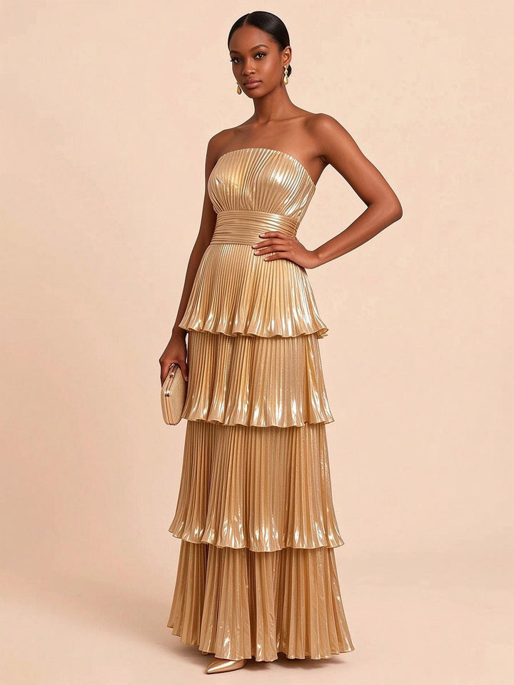 Metallic Satin A Line Strapless Floor Length Pleats Formal Dresses
