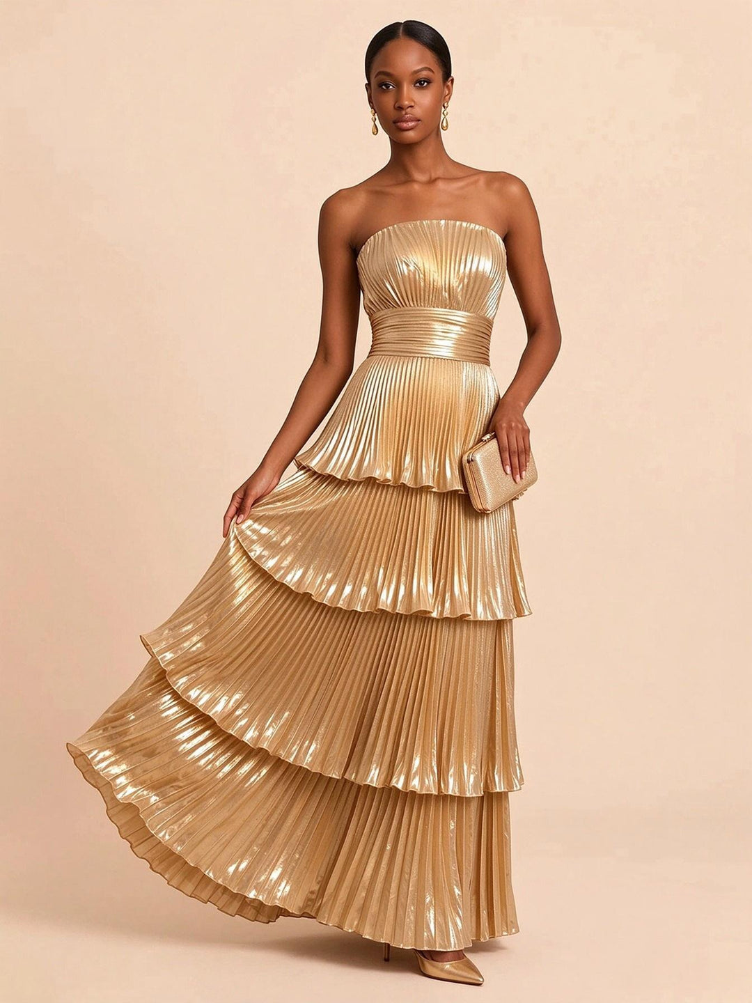 Metallic Satin A Line Strapless Floor Length Pleats Formal Dresses