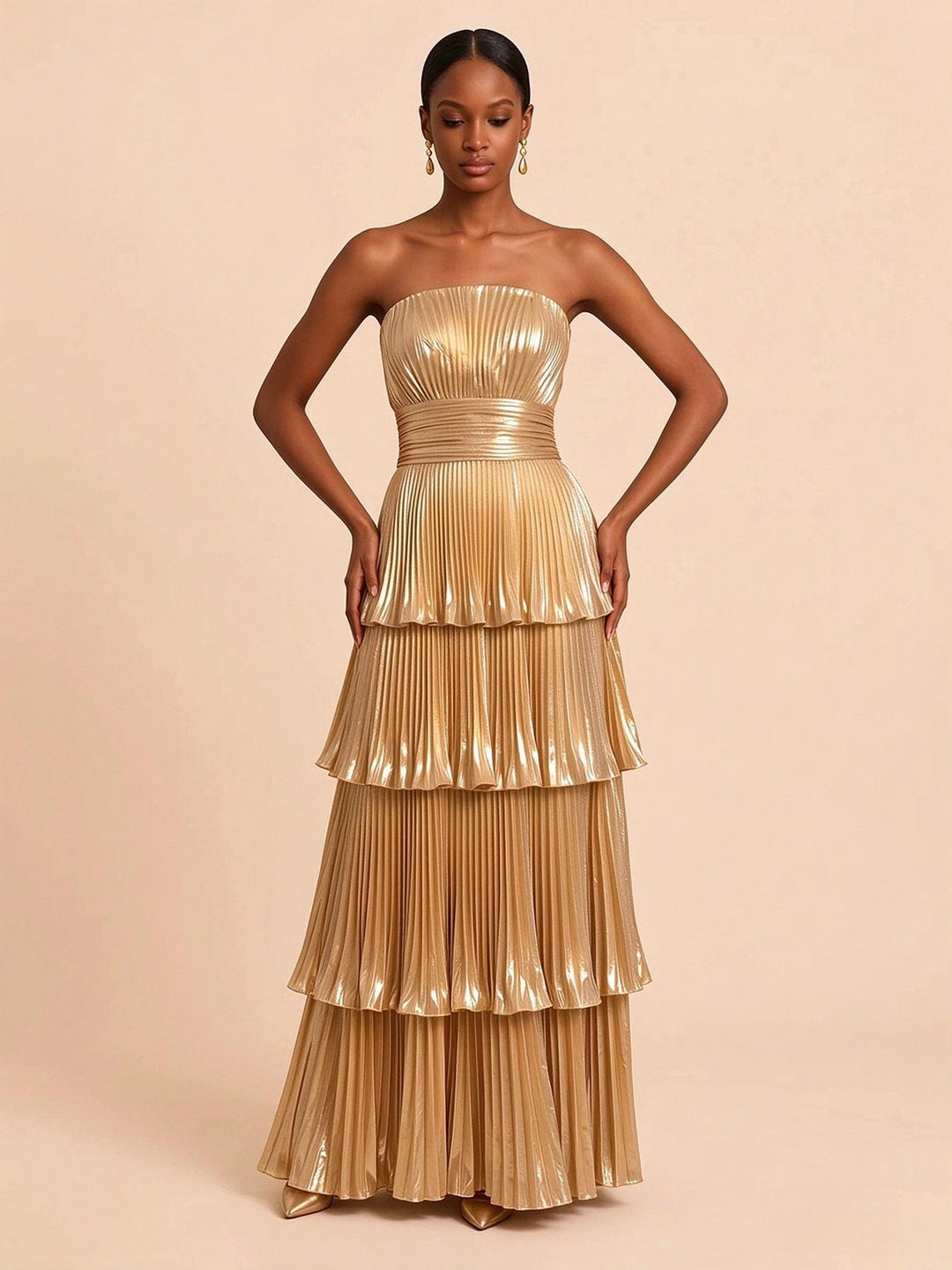 Metallic Satin A Line Strapless Floor Length Pleats Formal Dresses