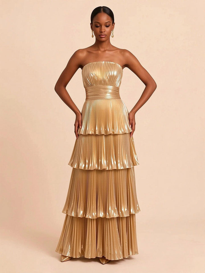 Metallic Satin A Line Strapless Floor Length Pleats Formal Dresses