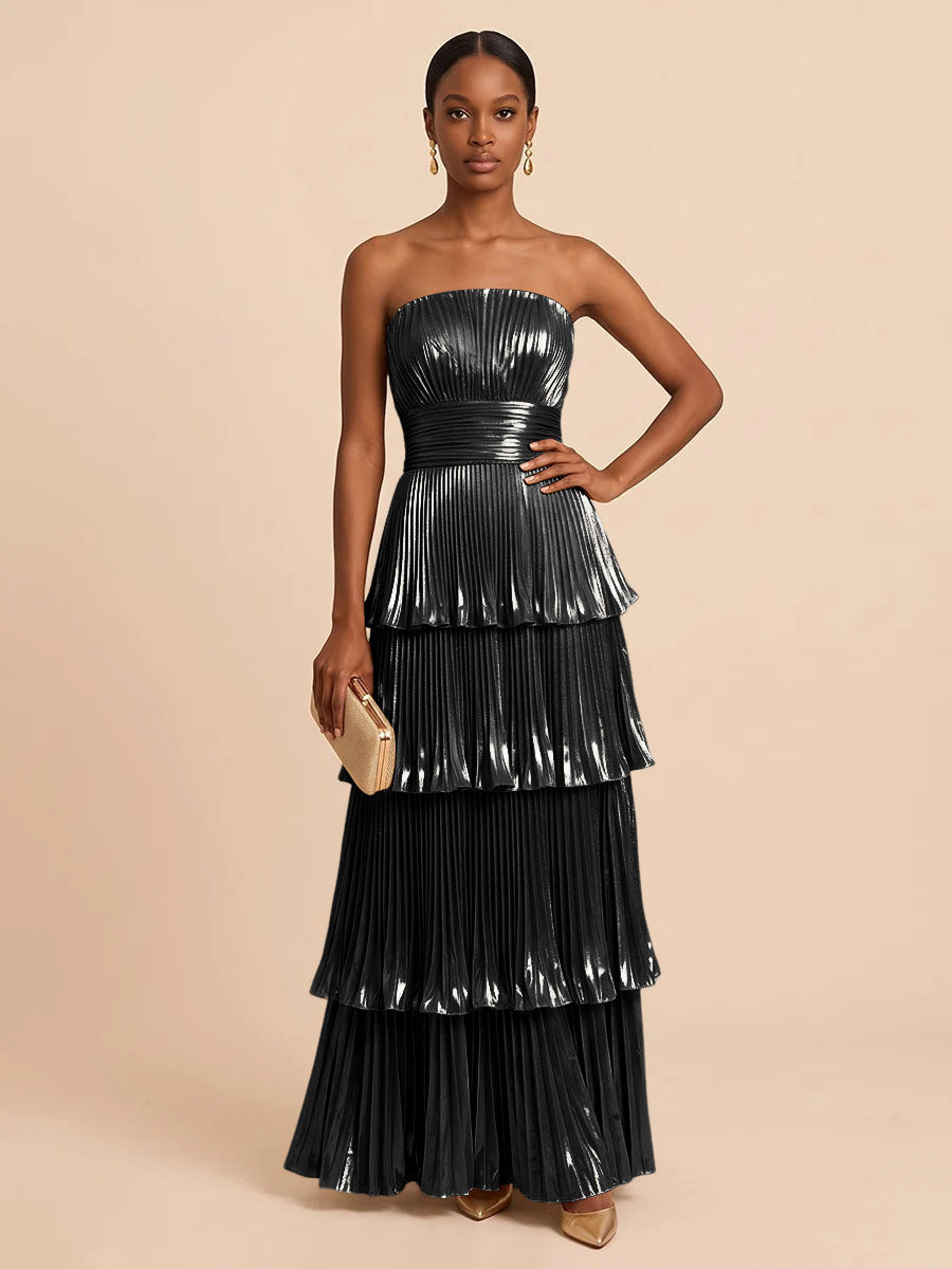 Metallic Satin A Line Strapless Floor Length Pleats Formal Dresses