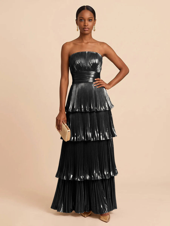 Metallic Satin A Line Strapless Floor Length Pleats Formal Dresses