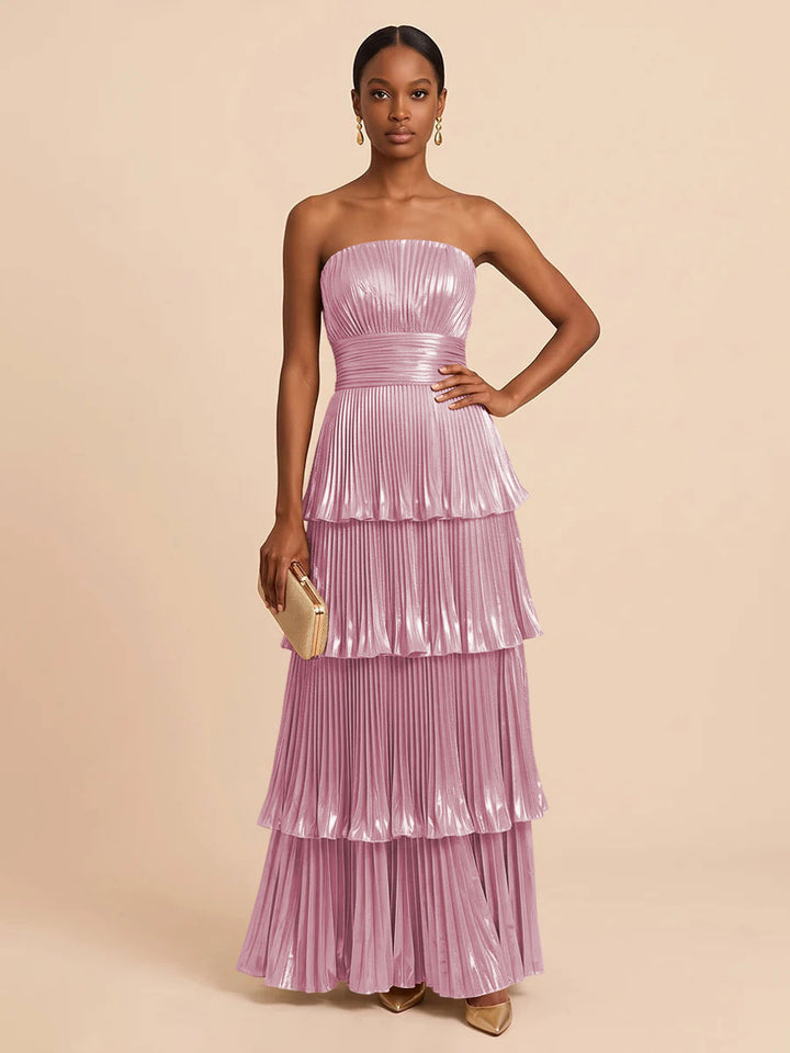 Metallic Satin A Line Strapless Floor Length Pleats Formal Dresses