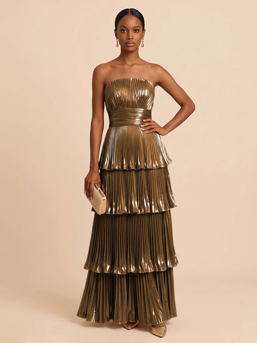 Metallic Satin A Line Strapless Floor Length Pleats Formal Dresses