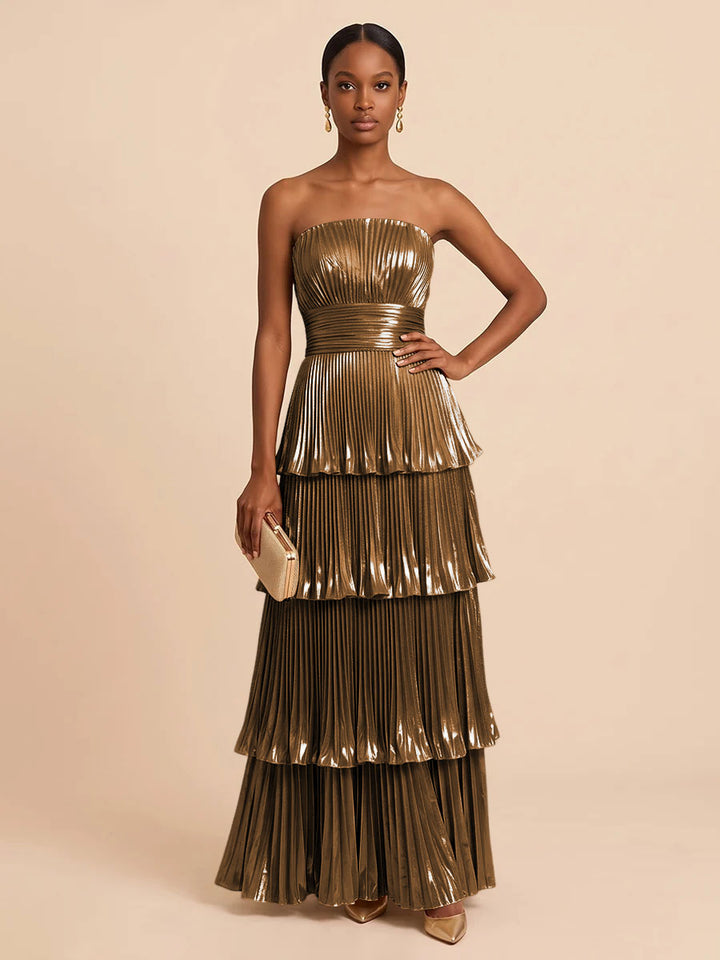 Metallic Satin A Line Strapless Floor Length Pleats Formal Dresses