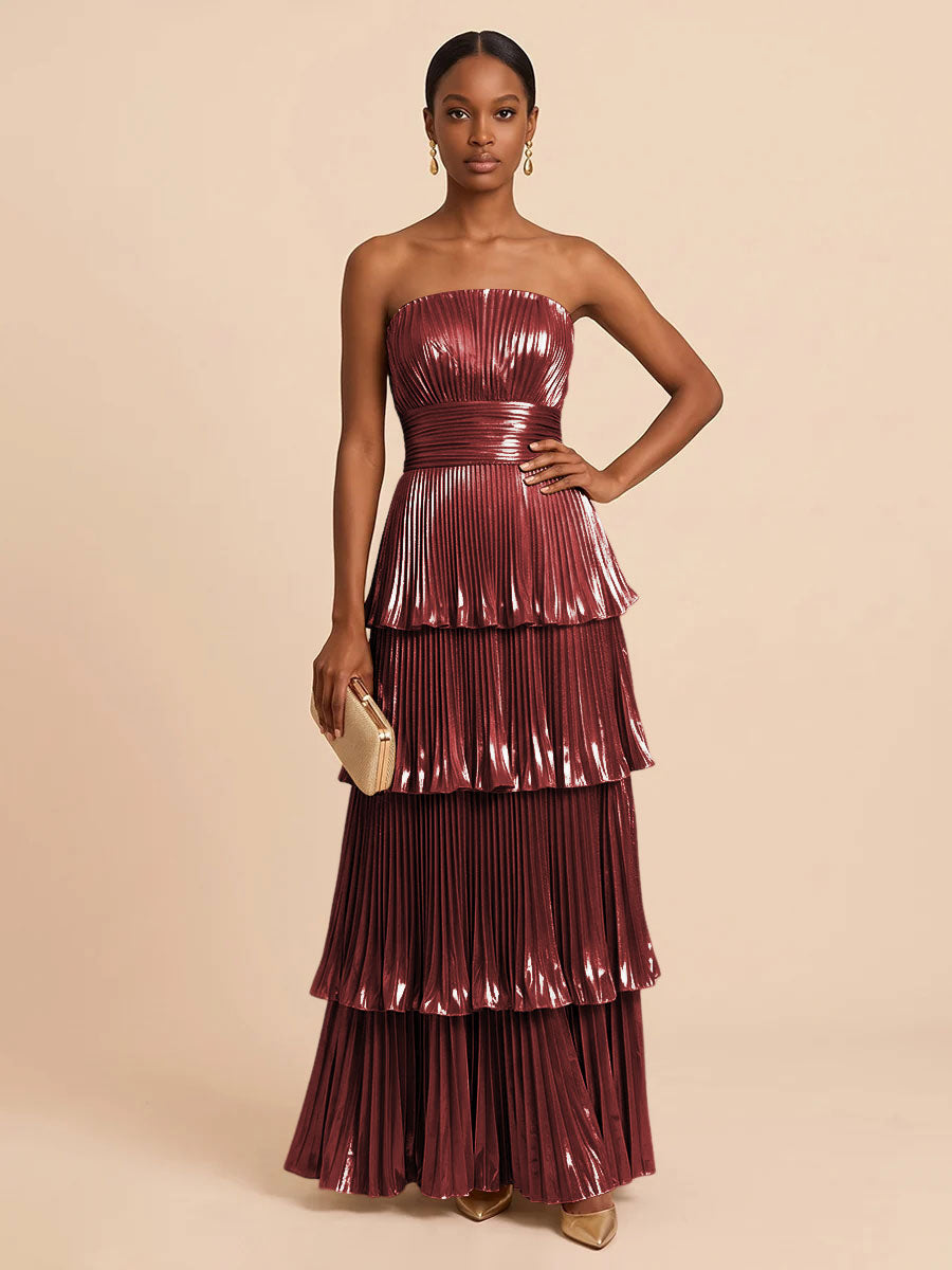 Metallic Satin A Line Strapless Floor Length Pleats Formal Dresses