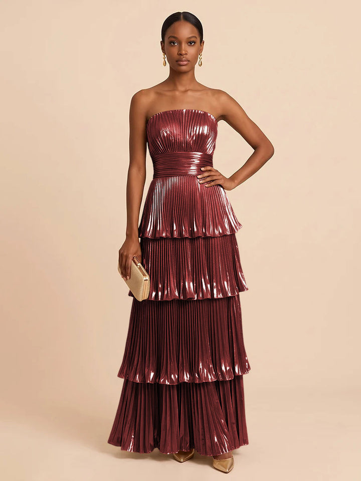 Metallic Satin A Line Strapless Floor Length Pleats Formal Dresses