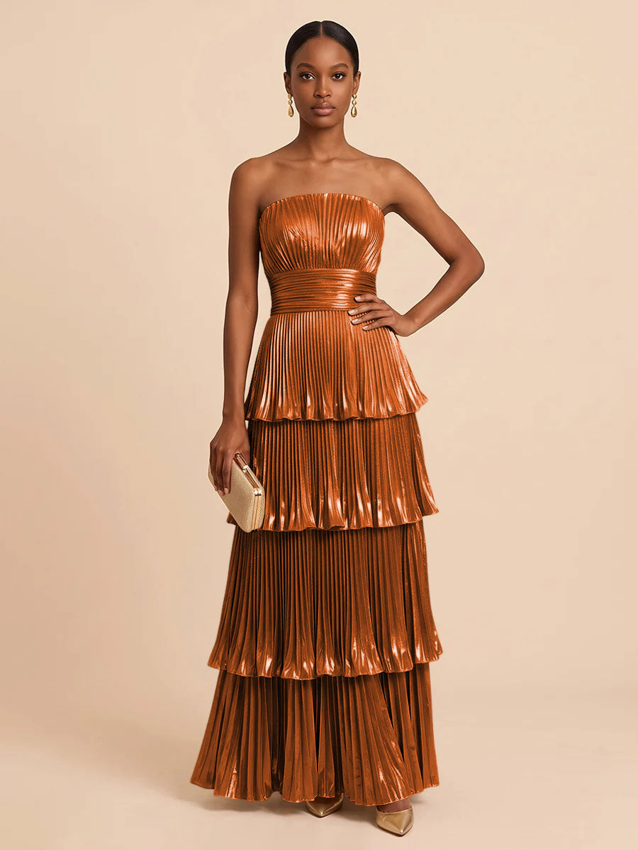 Metallic Satin A Line Strapless Floor Length Pleats Formal Dresses