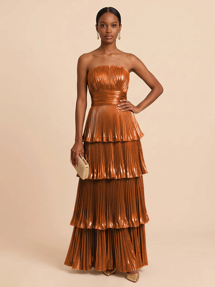 Metallic Satin A Line Strapless Floor Length Pleats Formal Dresses
