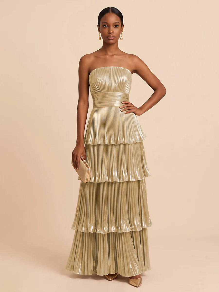 Metallic Satin A Line Strapless Floor Length Pleats Formal Dresses