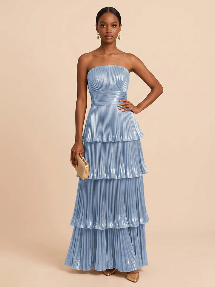 Metallic Satin A Line Strapless Floor Length Pleats Formal Dresses