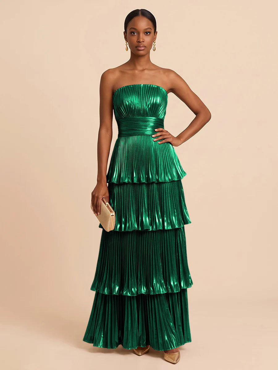 Metallic Satin A Line Strapless Floor Length Pleats Formal Dresses