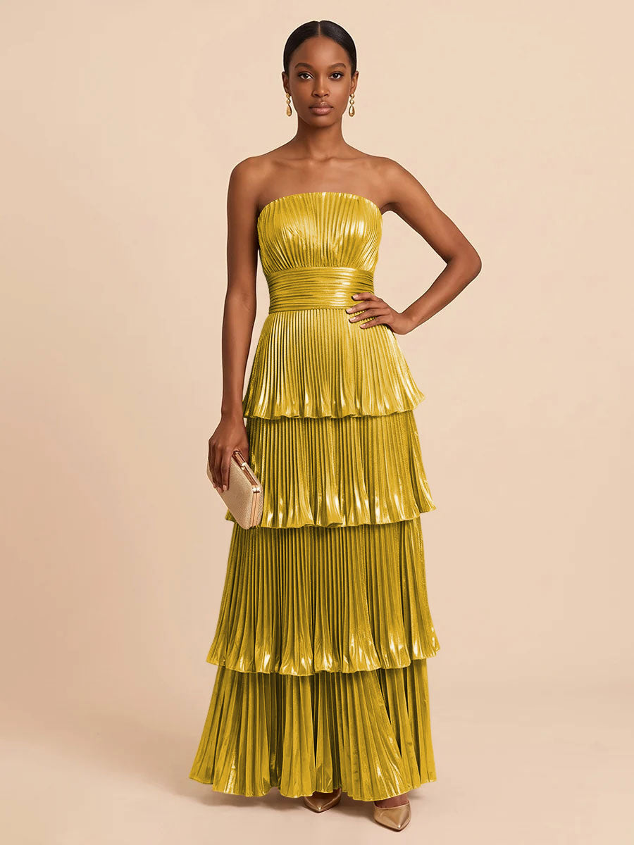 Metallic Satin A Line Strapless Floor Length Pleats Formal Dresses