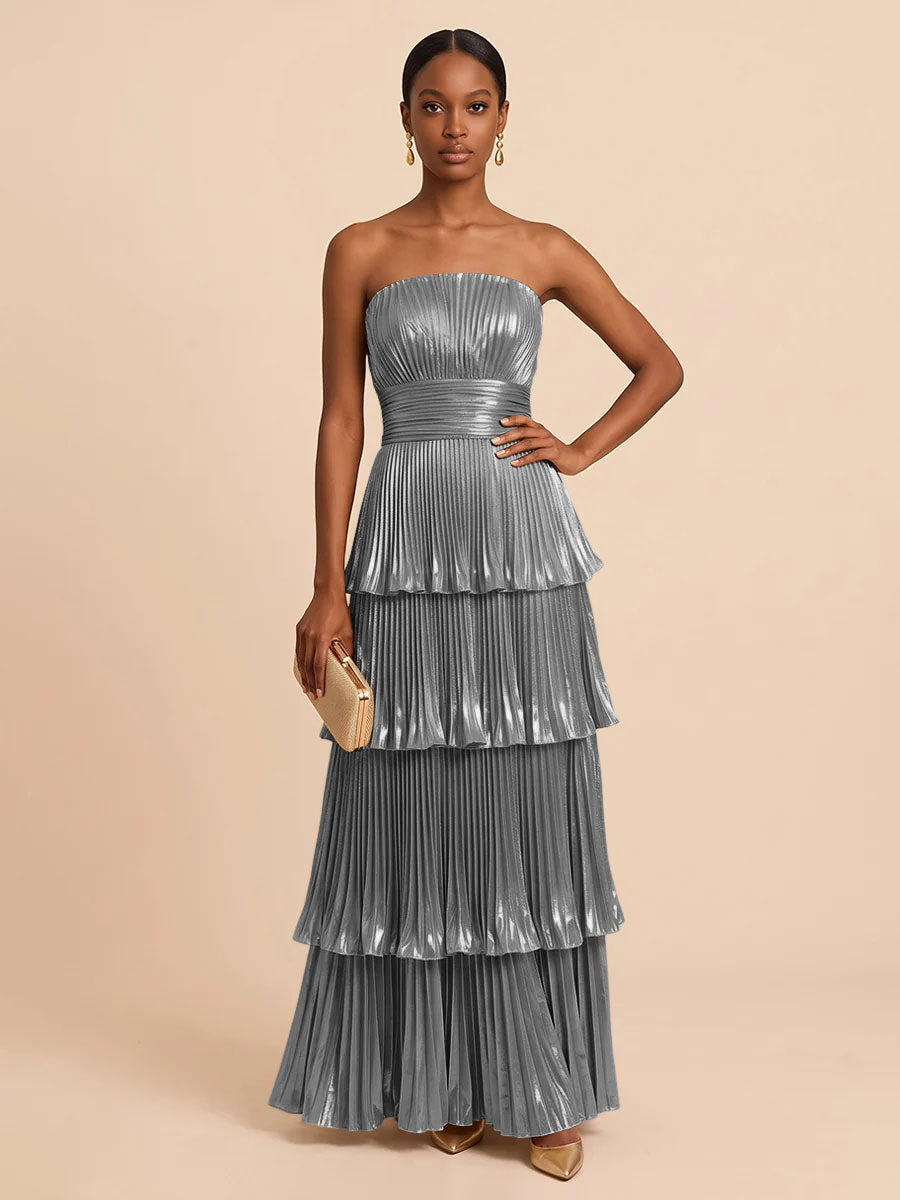 Metallic Satin A Line Strapless Floor Length Pleats Formal Dresses