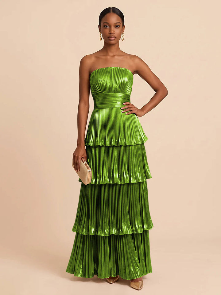 Metallic Satin A Line Strapless Floor Length Pleats Formal Dresses