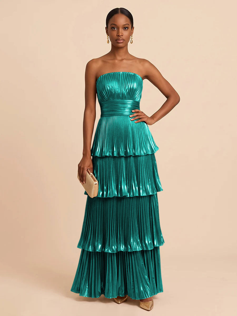Metallic Satin A Line Strapless Floor Length Pleats Formal Dresses