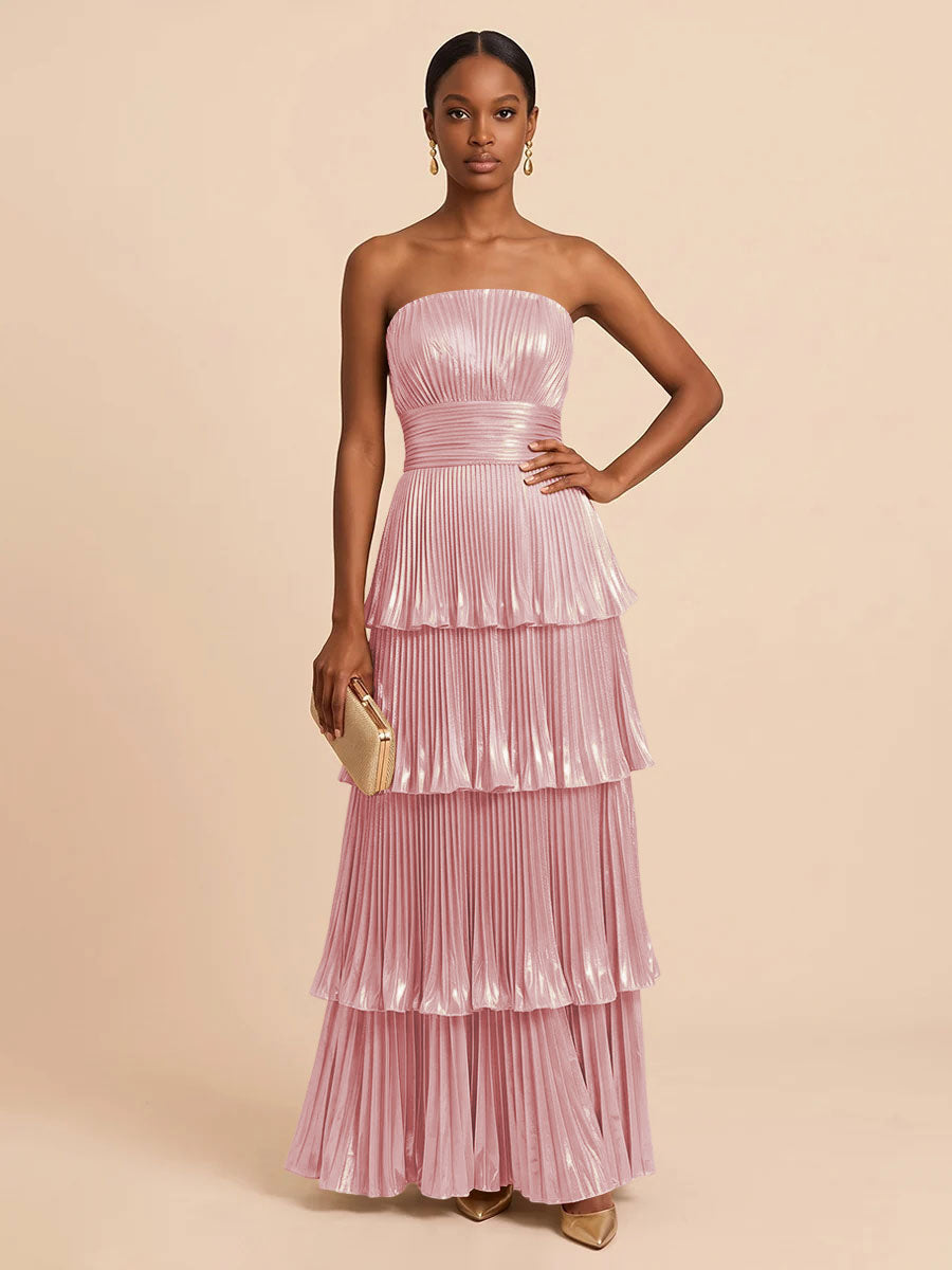Metallic Satin A Line Strapless Floor Length Pleats Formal Dresses