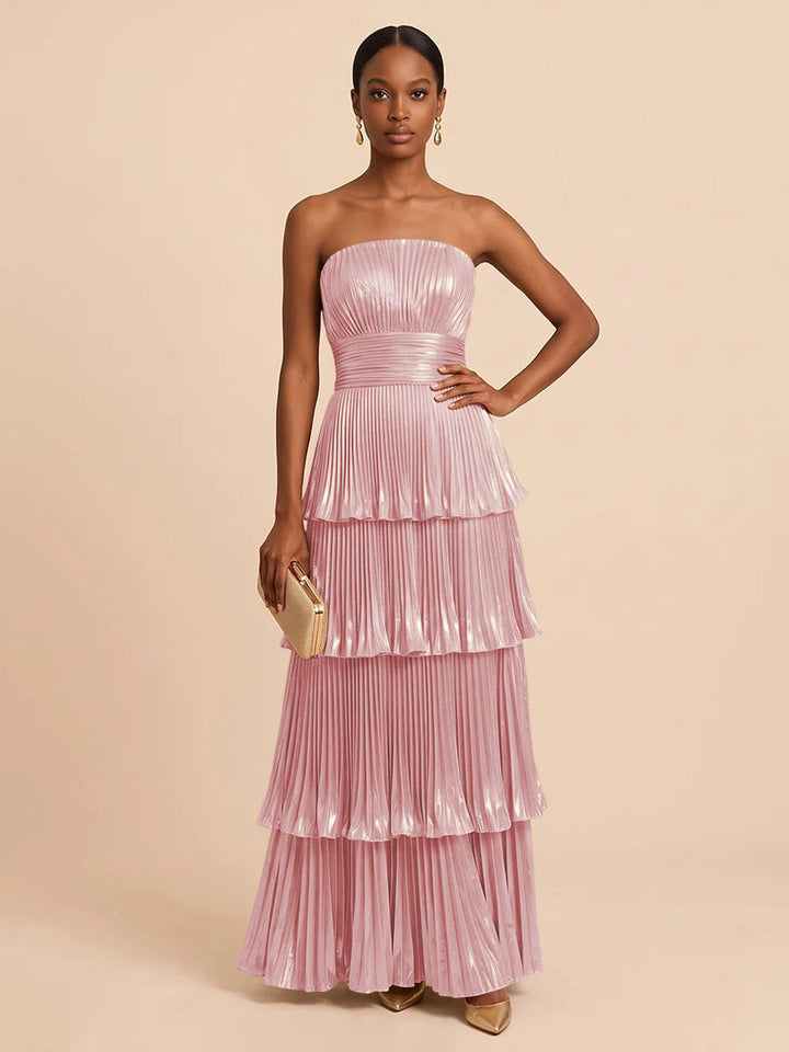 Metallic Satin A Line Strapless Floor Length Pleats Formal Dresses