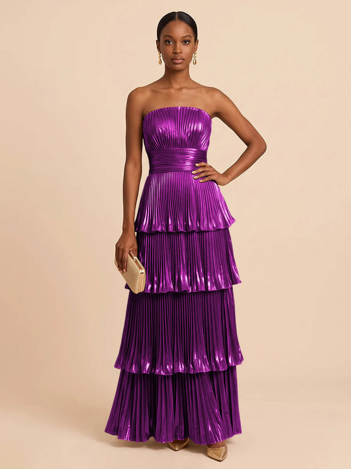 Metallic Satin A Line Strapless Floor Length Pleats Formal Dresses