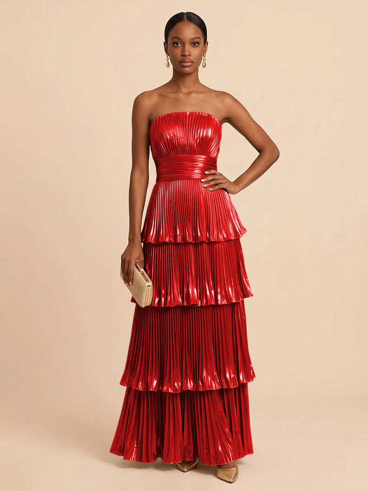 Metallic Satin A Line Strapless Floor Length Pleats Formal Dresses