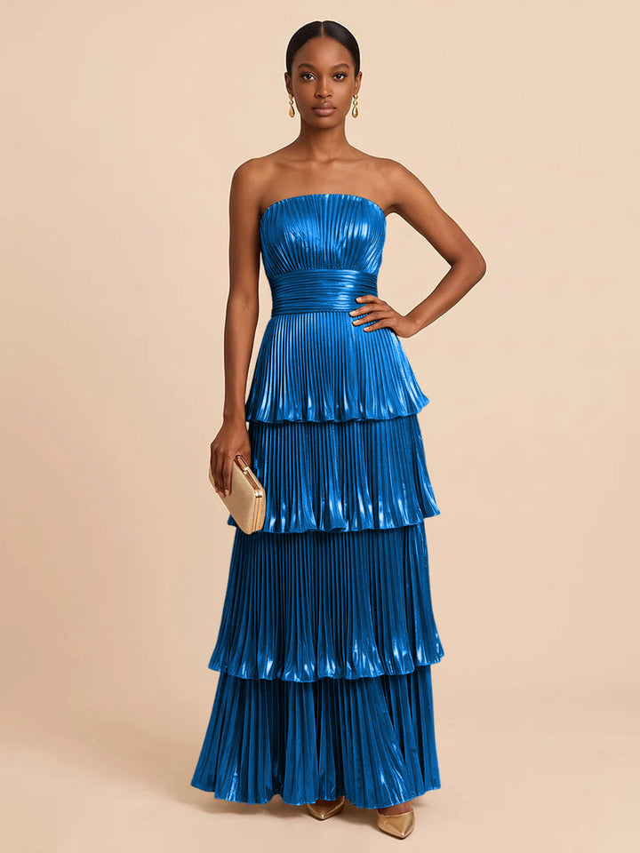 Metallic Satin A Line Strapless Floor Length Pleats Formal Dresses