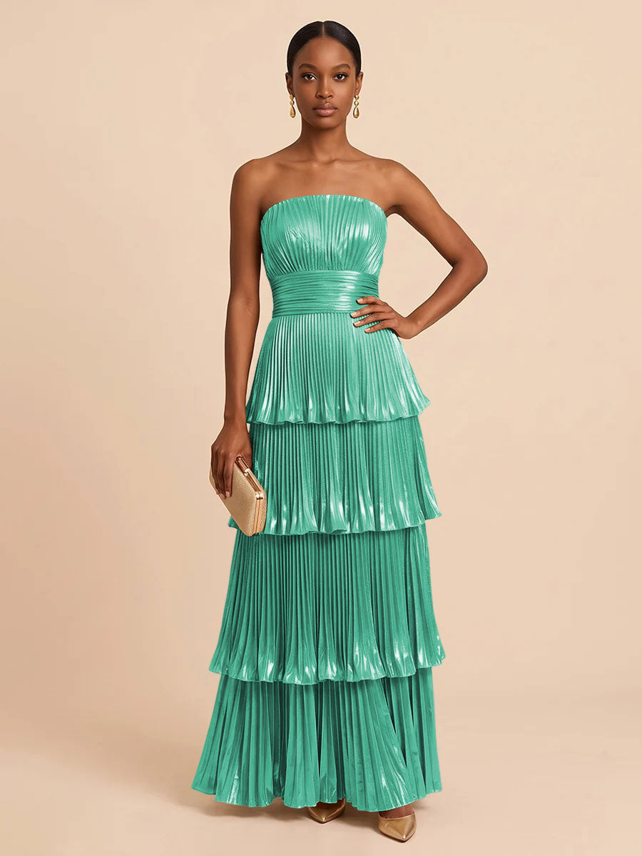 Metallic Satin A Line Strapless Floor Length Pleats Formal Dresses
