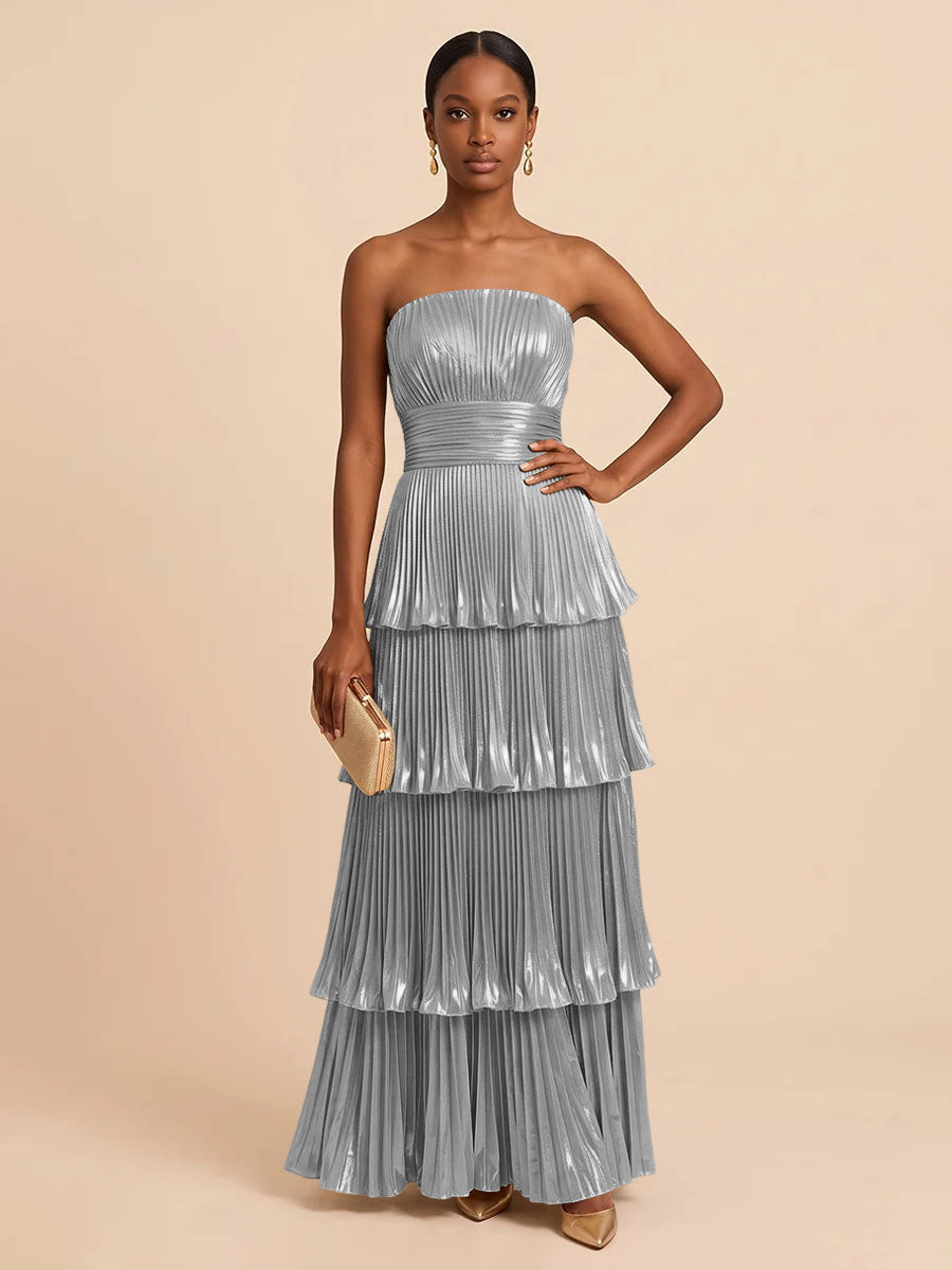 Metallic Satin A Line Strapless Floor Length Pleats Formal Dresses
