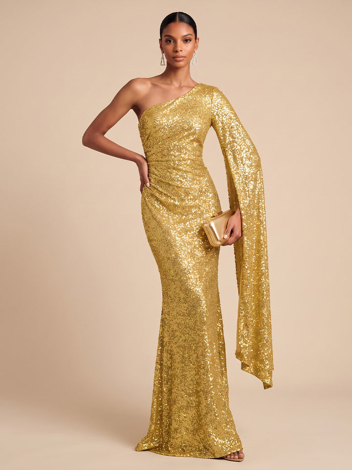 Sequin Mermaid One Shoulder Floor Length Cape Sleeve Formal Dresses