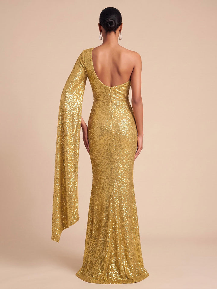 Sequin Mermaid One Shoulder Floor Length Cape Sleeve Formal Dresses