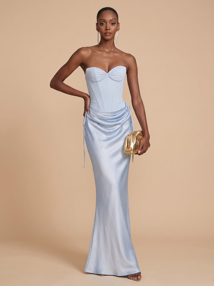 Ruched Satin Mermaid Sweetheart Floor Length Corset Formal Dresses