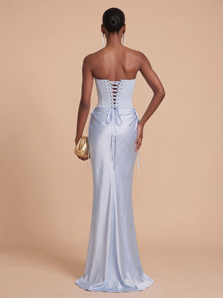 Ruched Satin Mermaid Sweetheart Floor Length Corset Formal Dresses