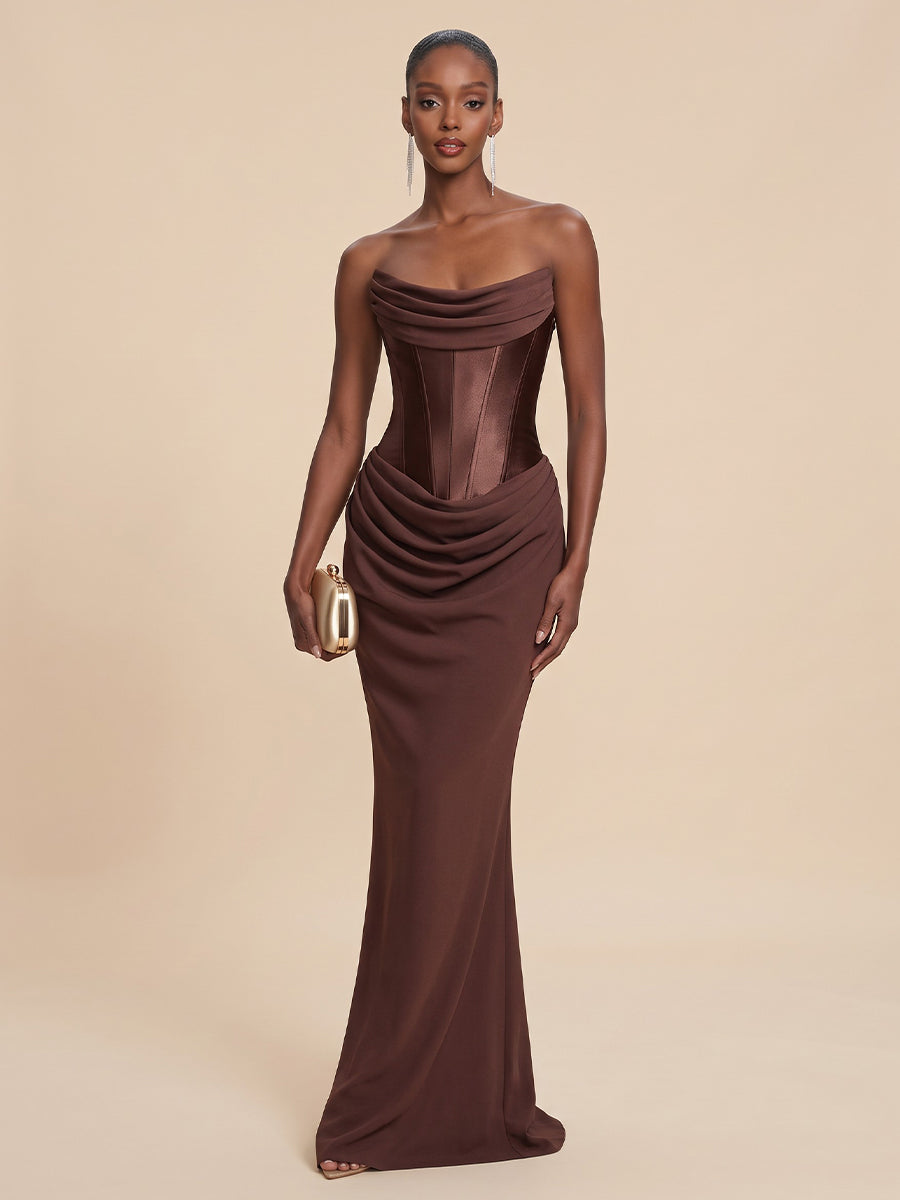 Satin Mermaid Strapless Floor Length Corset Formal Dresses