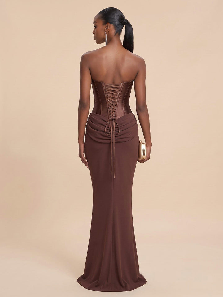 Satin Mermaid Strapless Floor Length Corset Formal Dresses