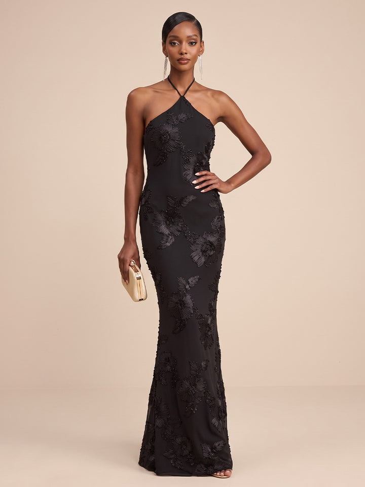 Ribbon 3D Flower Mermaid Halter Floor Length Floral Embroidery Formal Dresses