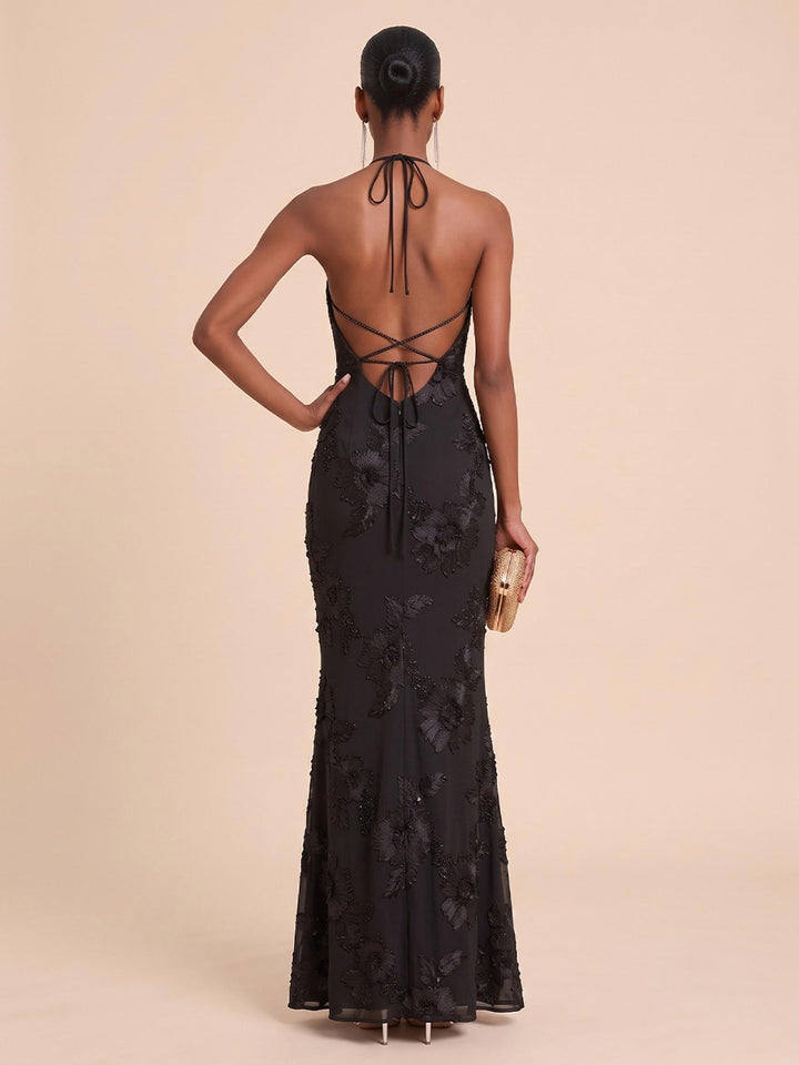 Ribbon 3D Flower Mermaid Halter Floor Length Floral Embroidery Formal Dresses