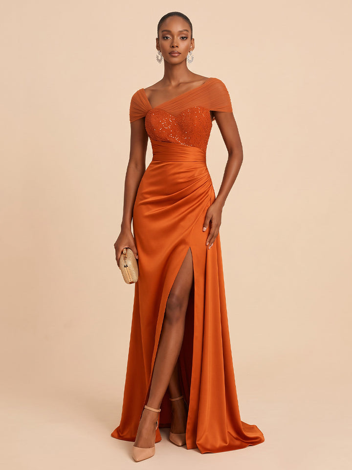 Sequin Satin Sheath Off the Shoulder Floor Length Glitter Formal Dresses