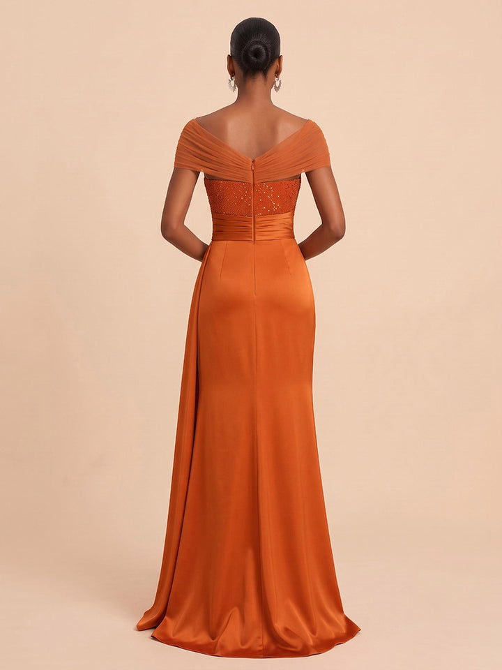 Sequin Satin Sheath Off the Shoulder Floor Length Glitter Formal Dresses
